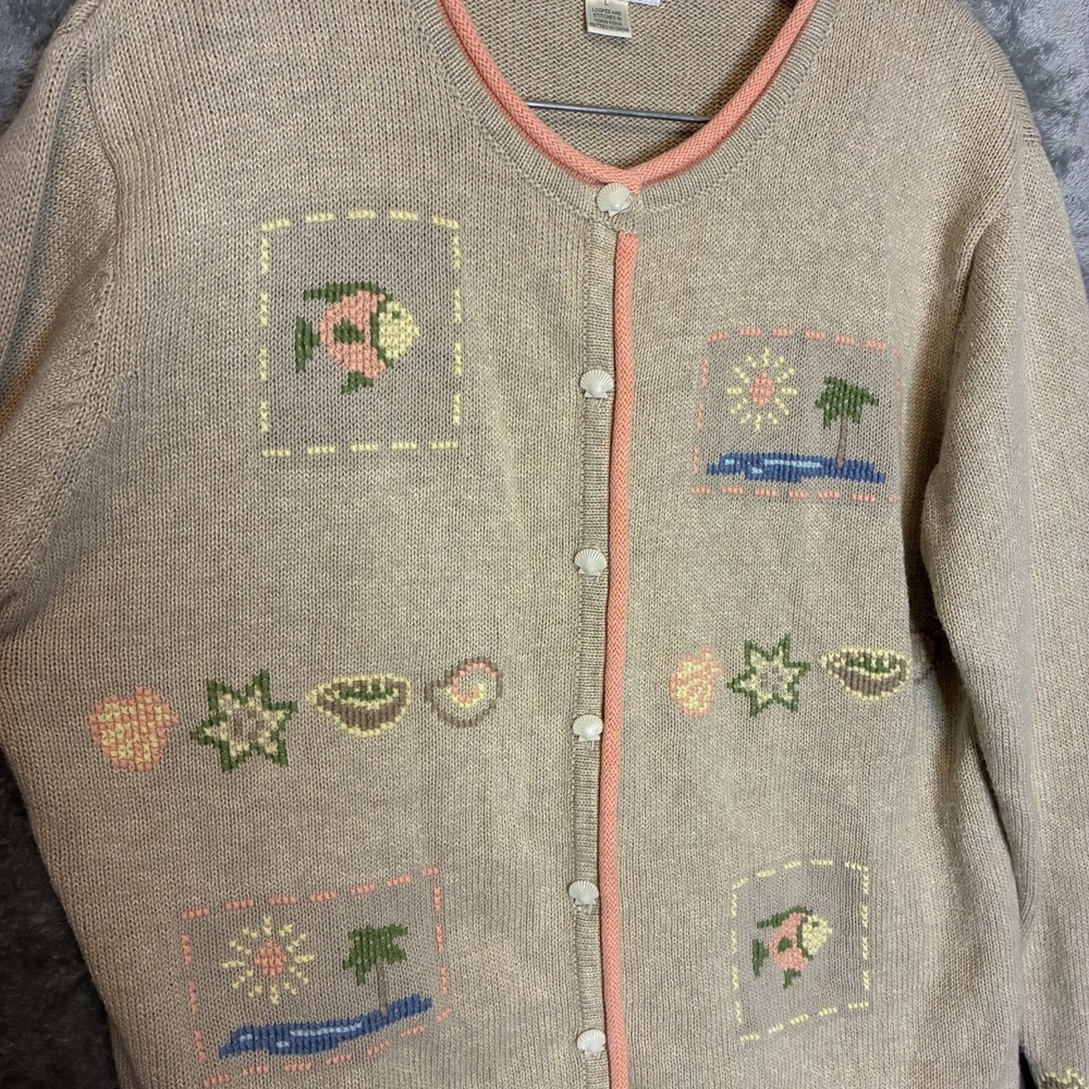 Christopher Banks Womens Hand Embroidered Cardigan Sweater L Shells Fish Beach